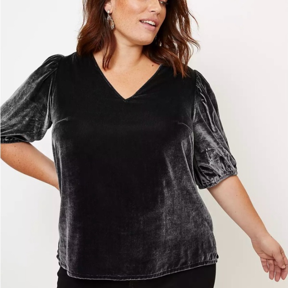HP! LOFT Velvet Blouse in Black with Short Puff Sleeves. Size Plus 18. NWT.